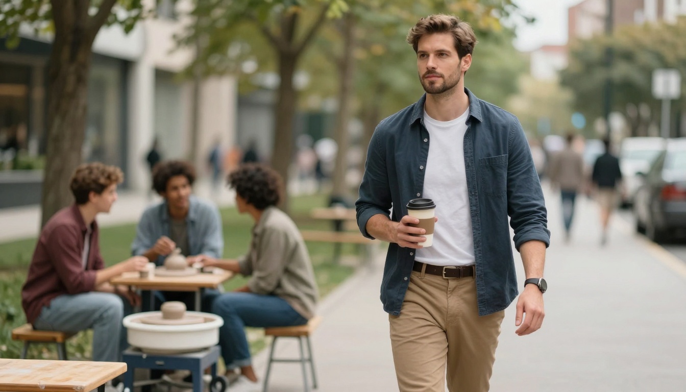 A man in a blue shirt and beige pants walks down a tree-lined street holding a coffee cup. In the background, three people sit at a table outdoors, engaged in conversation.