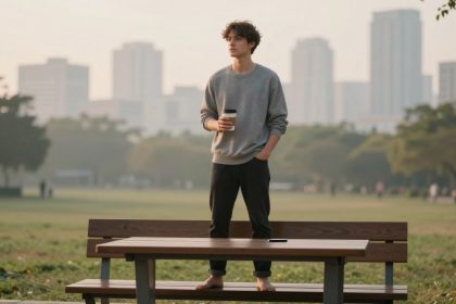 A person with curly hair stands barefoot on a wooden picnic table, holding a coffee cup. They wear a gray sweatshirt and dark pants. The background shows a park with trees and a city skyline under a hazy sky.