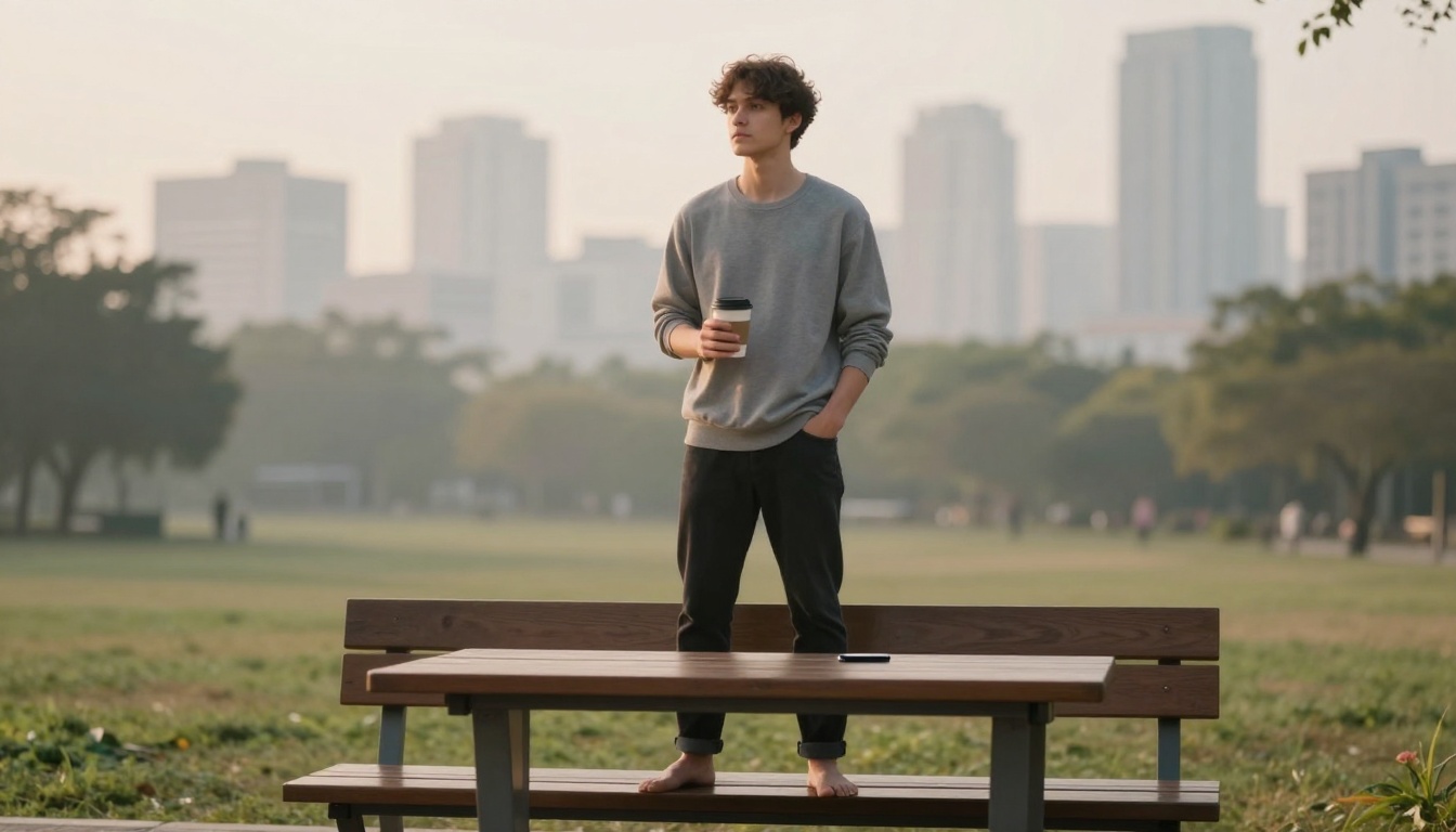 A person with curly hair stands barefoot on a wooden picnic table, holding a coffee cup. They wear a gray sweatshirt and dark pants. The background shows a park with trees and a city skyline under a hazy sky.