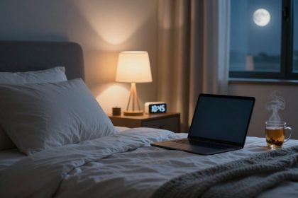 A cozy bedroom with a neatly made bed, featuring white pillows and sheets. A closed laptop and steaming cup of tea sit on the bed. A bedside table holds a lamp and digital clock showing 10:45. The window reveals a full moon in the night sky.