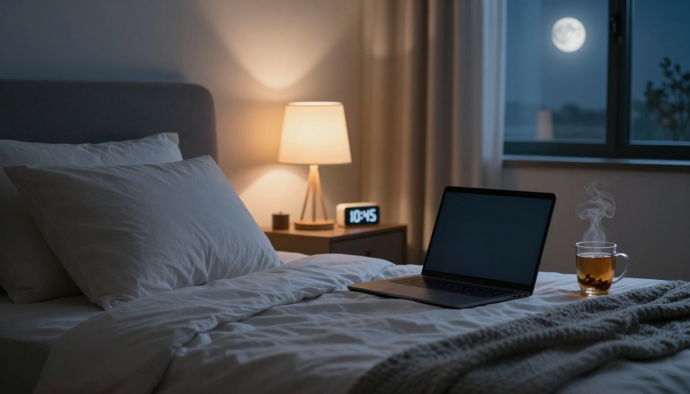 A cozy bedroom with a neatly made bed, featuring white pillows and sheets. A closed laptop and steaming cup of tea sit on the bed. A bedside table holds a lamp and digital clock showing 10:45. The window reveals a full moon in the night sky.