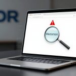 A laptop on a desk displays a webpage with a magnifying glass icon over the word "Mecloman" and a red warning triangle. The blurred background shows the letters "GDR" on a wall.