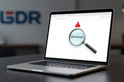 A laptop on a desk displays a webpage with a magnifying glass icon over the word "Mecloman" and a red warning triangle. The blurred background shows the letters "GDR" on a wall.