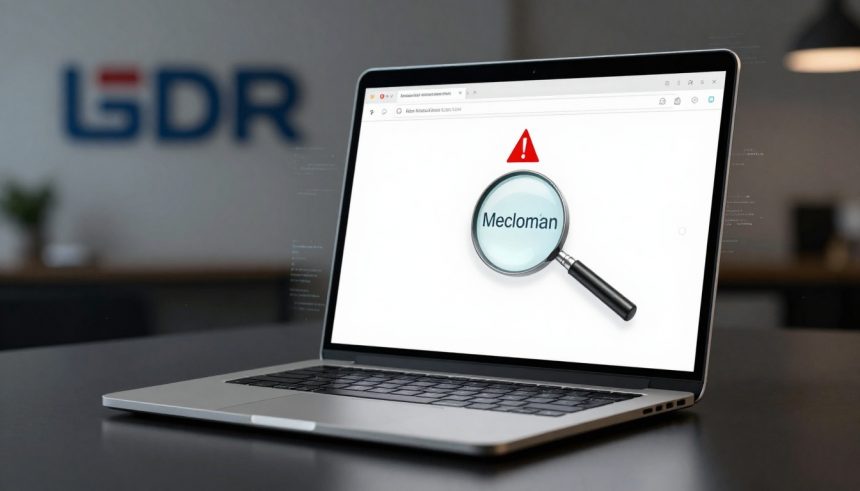 A laptop on a desk displays a webpage with a magnifying glass icon over the word "Mecloman" and a red warning triangle. The blurred background shows the letters "GDR" on a wall.