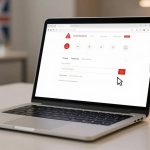 A laptop on a desk displaying a website with red and white accents. A large cursor hovers over a red button. A blurred Union Jack is visible in the background.