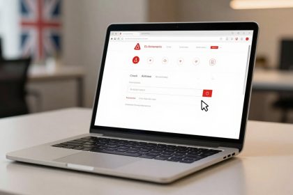 A laptop on a desk displaying a website with red and white accents. A large cursor hovers over a red button. A blurred Union Jack is visible in the background.