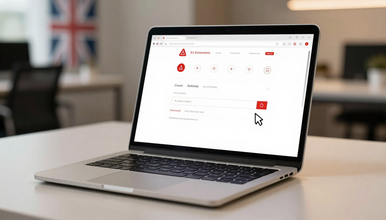 A laptop on a desk displaying a website with red and white accents. A large cursor hovers over a red button. A blurred Union Jack is visible in the background.