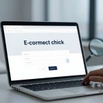 A person using a laptop displaying a webpage titled "E-cormect chick" with form fields. A hand is poised over the keyboard. Shopping bags and a magnifying glass are in the blurred background.