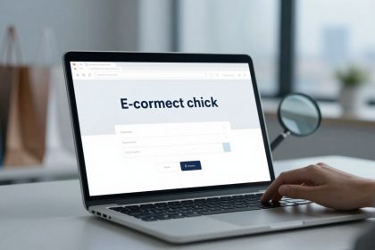 A person using a laptop displaying a webpage titled "E-cormect chick" with form fields. A hand is poised over the keyboard. Shopping bags and a magnifying glass are in the blurred background.