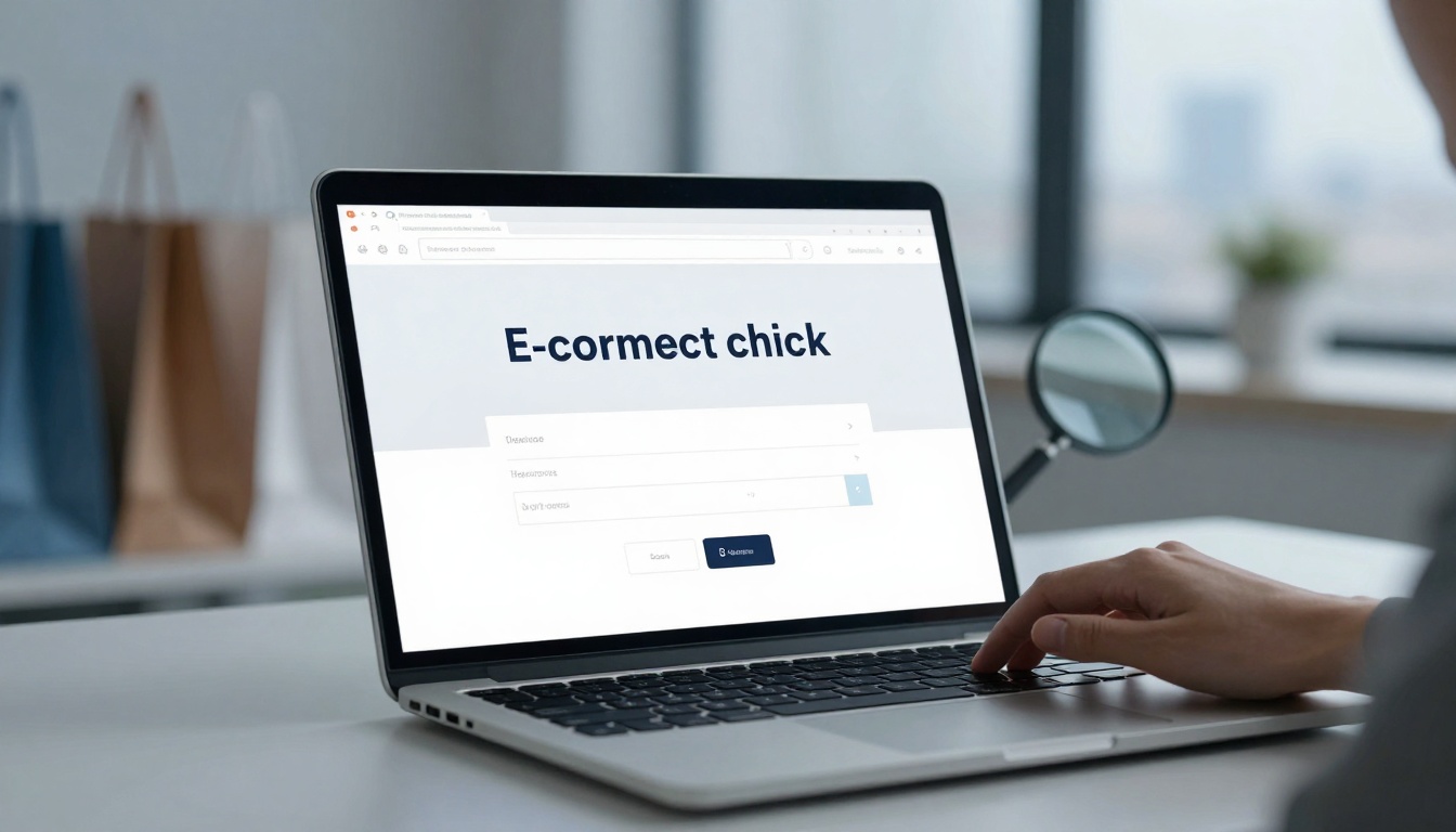 A person using a laptop displaying a webpage titled "E-cormect chick" with form fields. A hand is poised over the keyboard. Shopping bags and a magnifying glass are in the blurred background.
