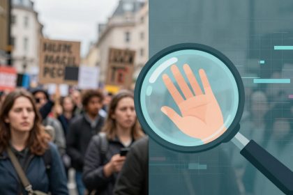 The image is split into two parts. On the left, a blurred crowd of people is holding protest signs on a street. On the right, a digital illustration shows a magnifying glass over a hand symbol against a technological background.