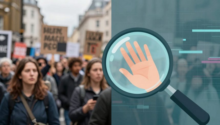 The image is split into two parts. On the left, a blurred crowd of people is holding protest signs on a street. On the right, a digital illustration shows a magnifying glass over a hand symbol against a technological background.