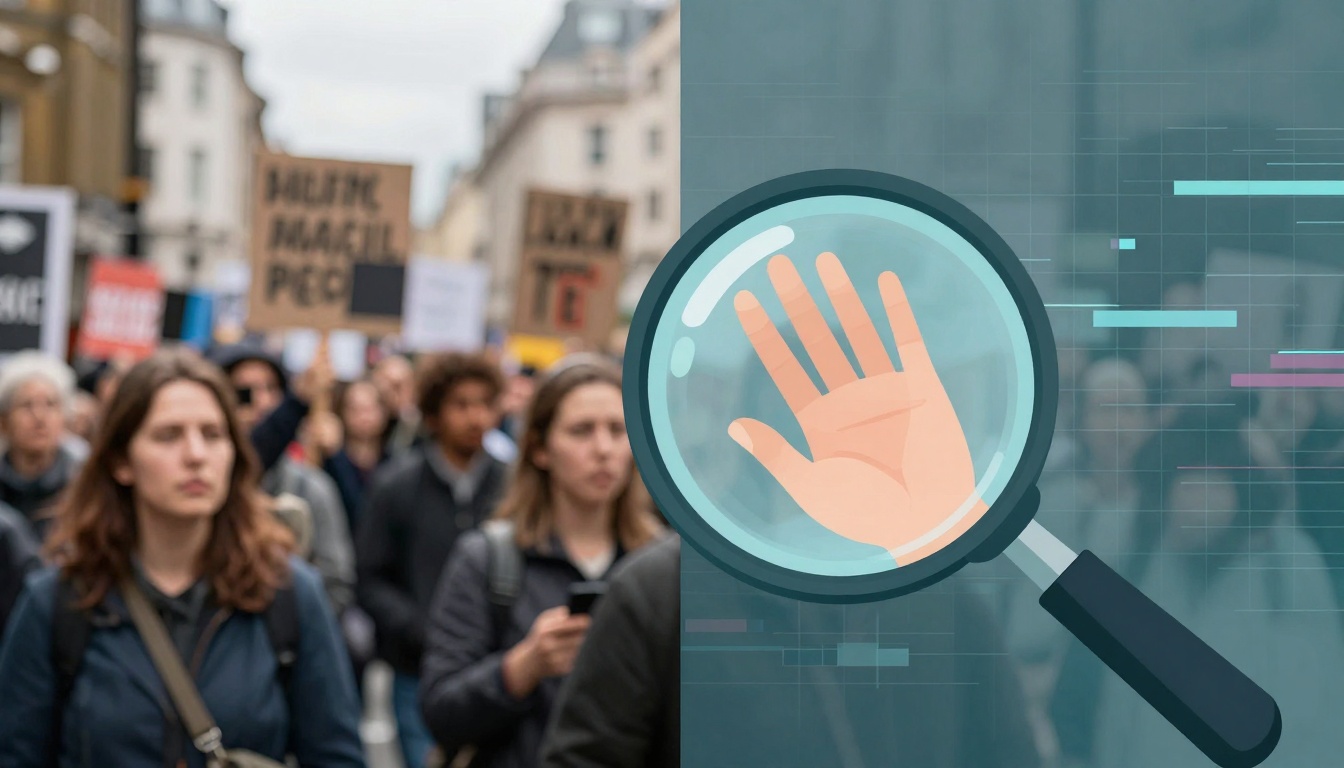 The image is split into two parts. On the left, a blurred crowd of people is holding protest signs on a street. On the right, a digital illustration shows a magnifying glass over a hand symbol against a technological background.