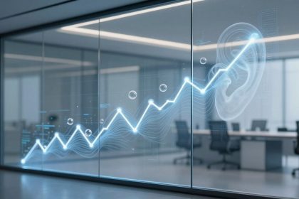 A digital line graph with glowing blue lines and data points is displayed on glass walls in a modern office. An abstract ear shape is integrated into the graph.