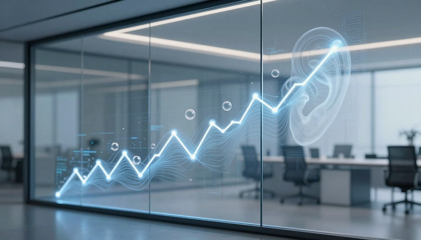 A digital line graph with glowing blue lines and data points is displayed on glass walls in a modern office. An abstract ear shape is integrated into the graph.