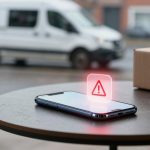 A smartphone with a red warning icon hovers above it on a round table. A cardboard box is nearby, and a white van is visible outside.