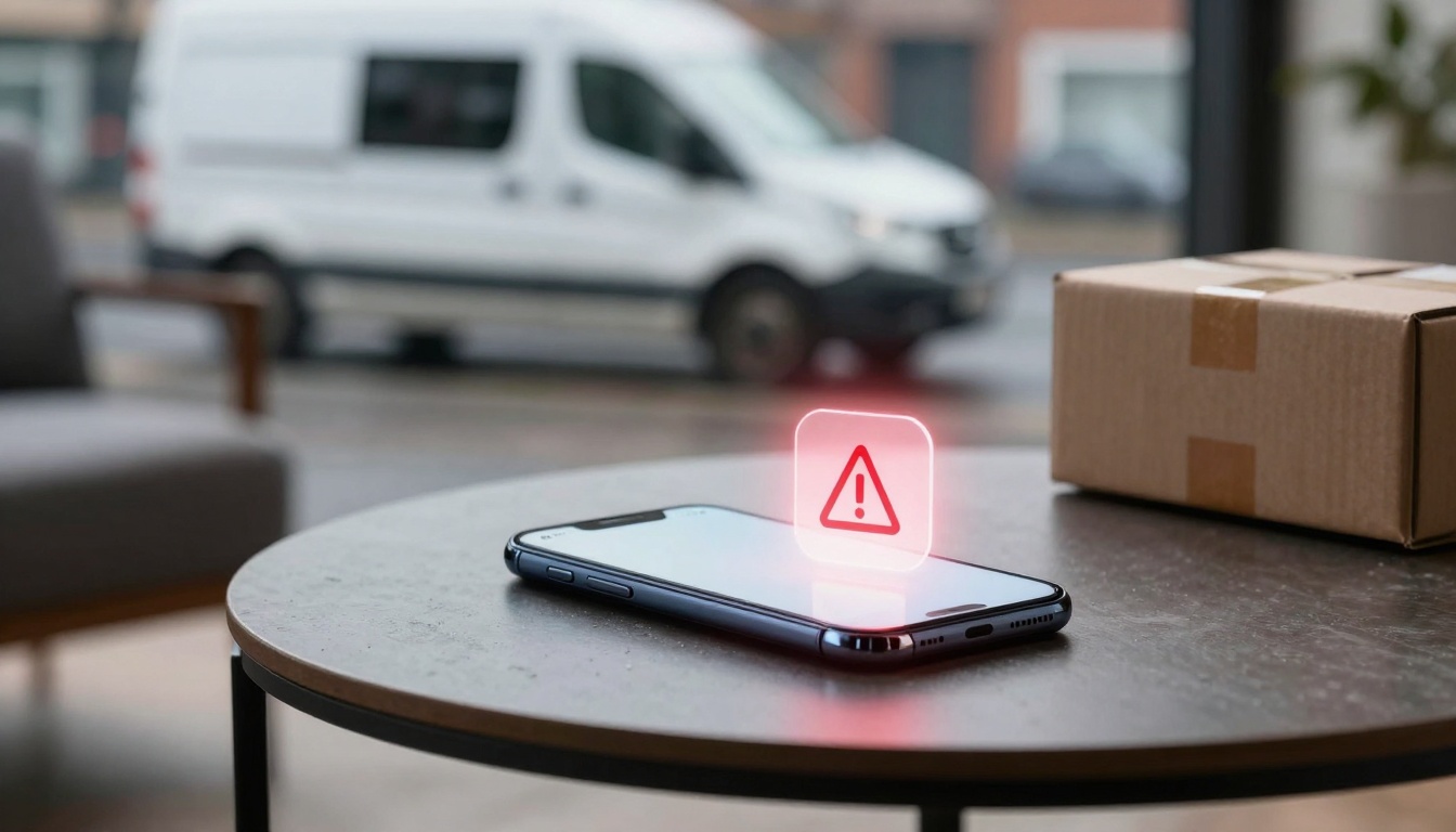 A smartphone with a red warning icon hovers above it on a round table. A cardboard box is nearby, and a white van is visible outside.