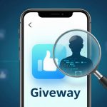 Smartphone screen displaying a blue thumbs-up icon and the word "Giveway." A magnifying glass over the screen reveals a silhouette and digital data.