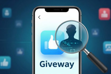 Smartphone screen displaying a blue thumbs-up icon and the word "Giveway." A magnifying glass over the screen reveals a silhouette and digital data.