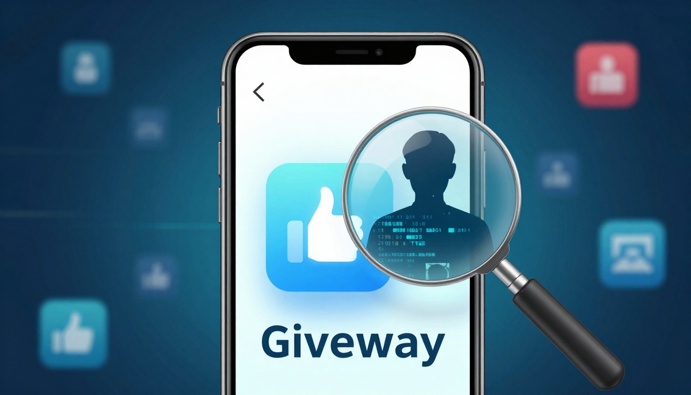 Smartphone screen displaying a blue thumbs-up icon and the word "Giveway." A magnifying glass over the screen reveals a silhouette and digital data.