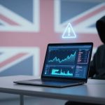 A person in a black hoodie sits in a dimly lit room with a Union Jack flag on the wall. A laptop on a table displays a graph with an upward trend and a warning symbol above it.