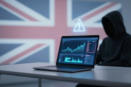 A person in a black hoodie sits in a dimly lit room with a Union Jack flag on the wall. A laptop on a table displays a graph with an upward trend and a warning symbol above it.