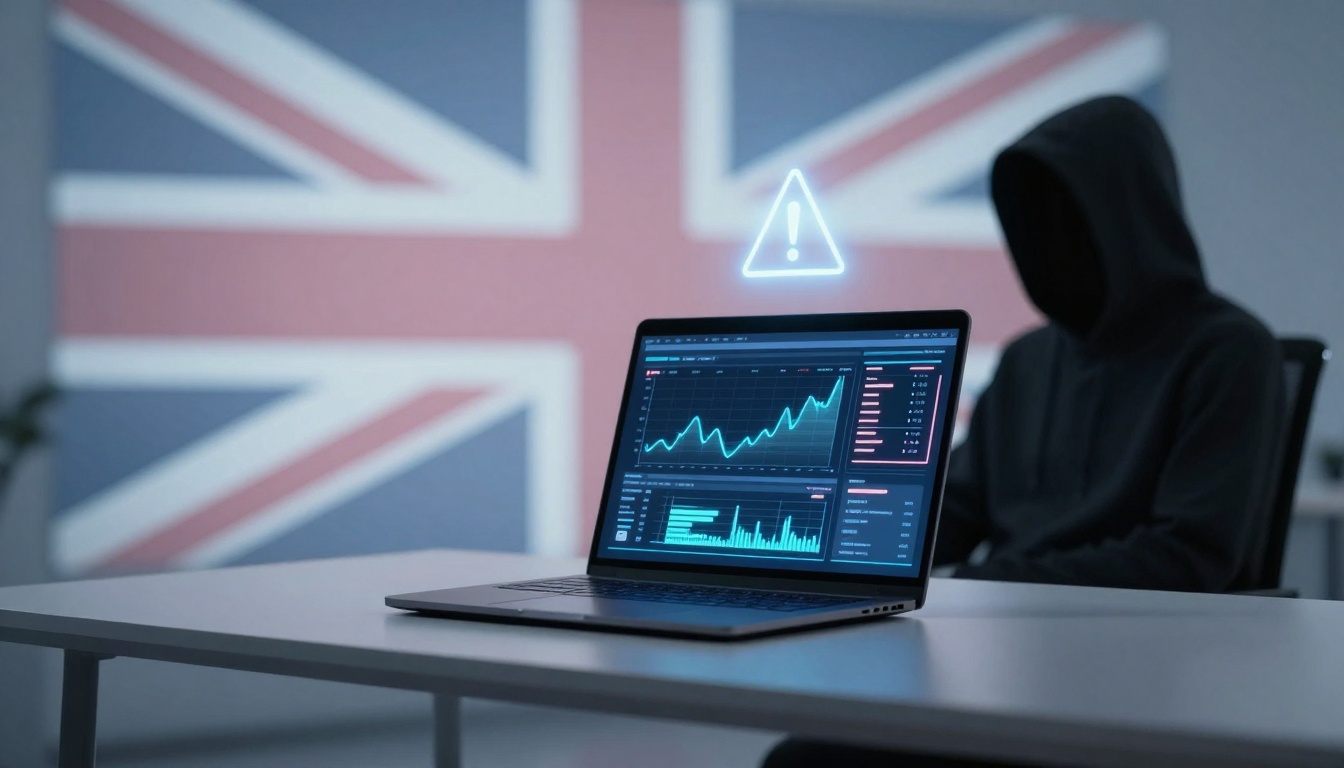 A person in a black hoodie sits in a dimly lit room with a Union Jack flag on the wall. A laptop on a table displays a graph with an upward trend and a warning symbol above it.