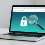 Laptop displaying a green screen with a white padlock icon and magnifying glass overlay. A small plant is in the background.