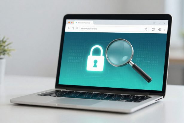 Laptop displaying a green screen with a white padlock icon and magnifying glass overlay. A small plant is in the background.