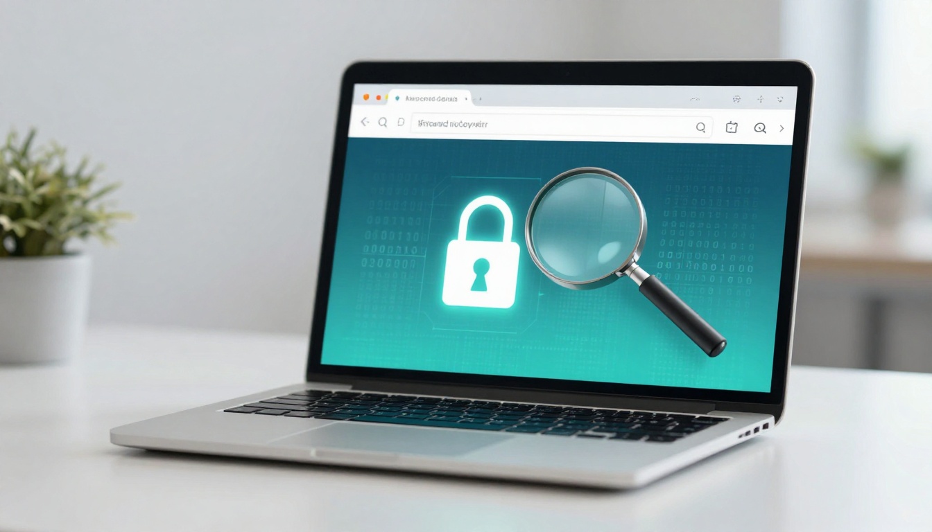 Laptop displaying a green screen with a white padlock icon and magnifying glass overlay. A small plant is in the background.