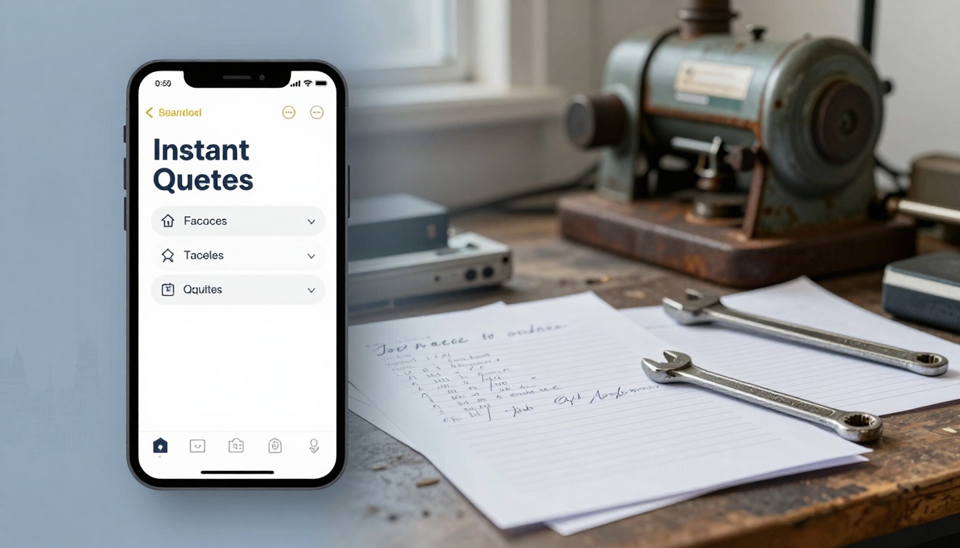 A smartphone displaying an app with the title "Instant Quotes" is on the left. A workshop table on the right has a vintage machine, handwritten notes, and two wrenches.