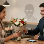A man in a suit hands a bouquet of flowers to a smiling woman in a beige blazer at a table in a cafe. A phone with a visible text message lies on the table.