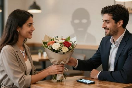 A man in a suit hands a bouquet of flowers to a smiling woman in a beige blazer at a table in a cafe. A phone with a visible text message lies on the table.