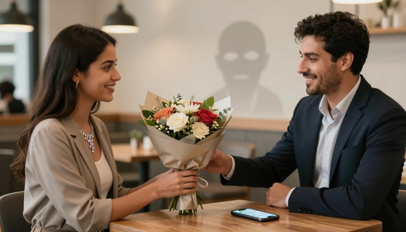 A man in a suit hands a bouquet of flowers to a smiling woman in a beige blazer at a table in a cafe. A phone with a visible text message lies on the table.
