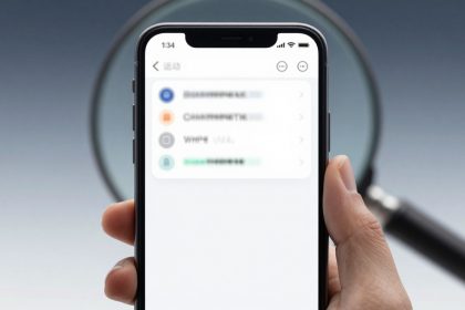 A hand holding a smartphone displaying a blurred app interface with several list items and icons. A magnifying glass is visible in the background.