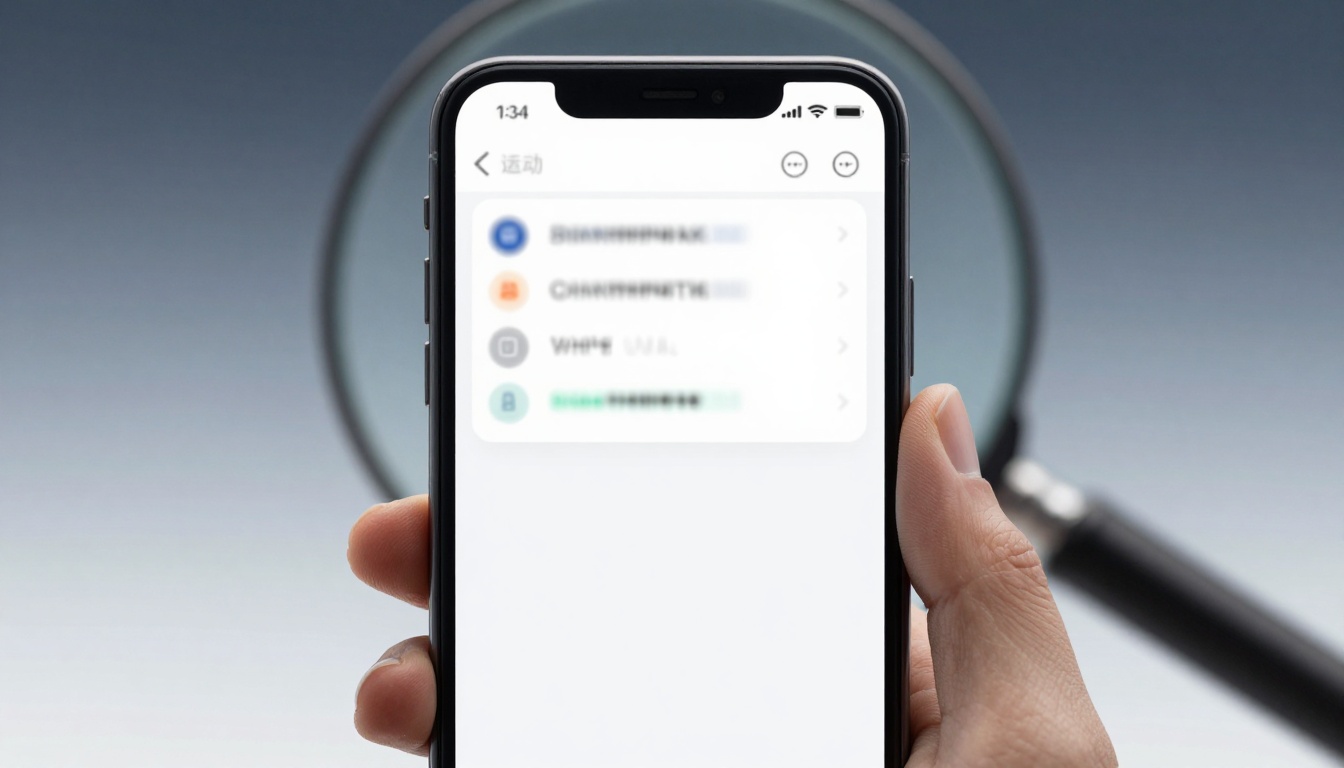 A hand holding a smartphone displaying a blurred app interface with several list items and icons. A magnifying glass is visible in the background.