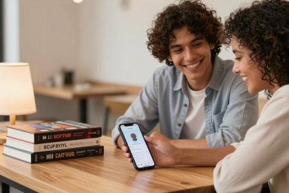 Two people, a man and a woman, sit at a wooden table smiling. The woman holds a smartphone displaying a profile. Books and a lamp are also on the table.