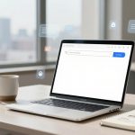 A laptop on a desk displays a search bar. Floating digital icons surround it. A coffee cup and a notebook with sketches are nearby. A cityscape is visible through the window.