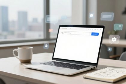 A laptop on a desk displays a search bar. Floating digital icons surround it. A coffee cup and a notebook with sketches are nearby. A cityscape is visible through the window.