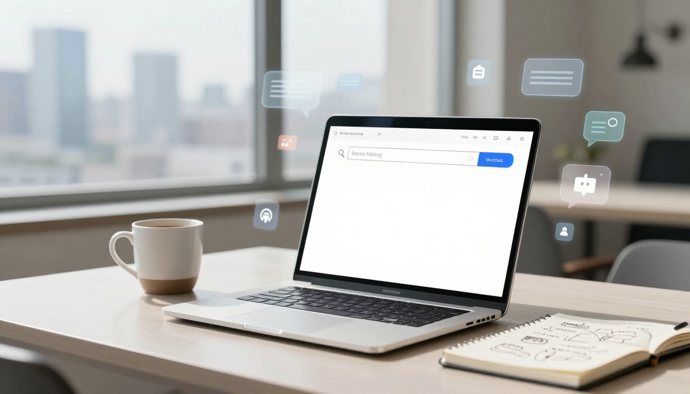 A laptop on a desk displays a search bar. Floating digital icons surround it. A coffee cup and a notebook with sketches are nearby. A cityscape is visible through the window.