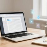 A laptop displaying a document with a sidebar is on a wooden desk. Nearby are a steaming cup of coffee and a notepad with a lightbulb sketch. Floating icons appear above the laptop.