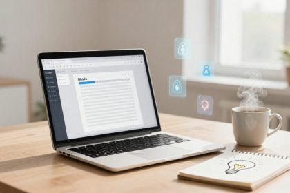 A laptop displaying a document with a sidebar is on a wooden desk. Nearby are a steaming cup of coffee and a notepad with a lightbulb sketch. Floating icons appear above the laptop.
