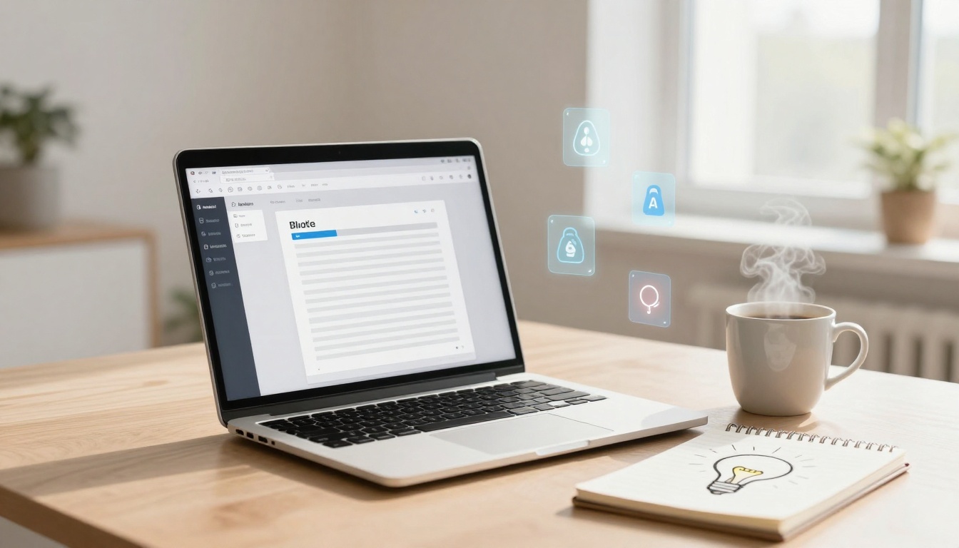 A laptop displaying a document with a sidebar is on a wooden desk. Nearby are a steaming cup of coffee and a notepad with a lightbulb sketch. Floating icons appear above the laptop.