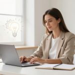 A woman in a beige blazer works on a laptop at a desk with a notebook and coffee cup. A lightbulb icon symbolizes an idea.