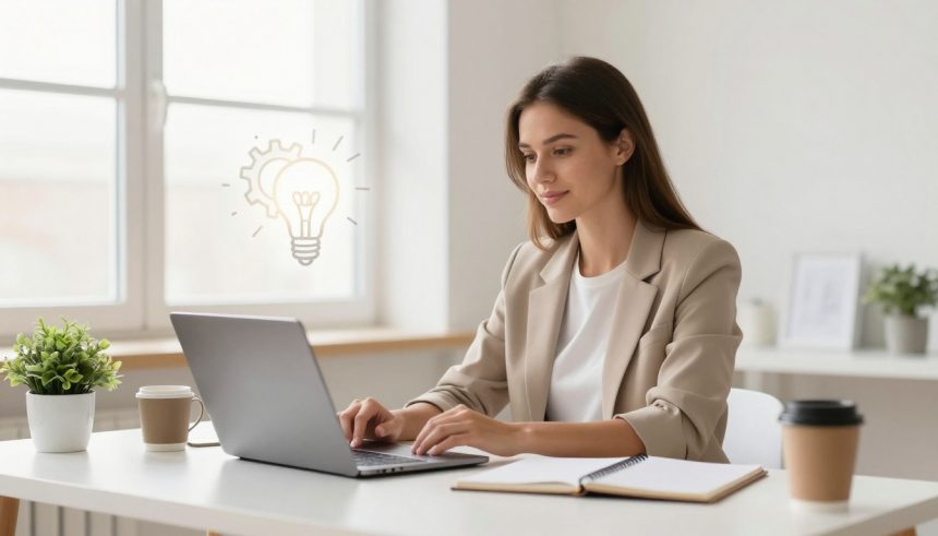 A woman in a beige blazer works on a laptop at a desk with a notebook and coffee cup. A lightbulb icon symbolizes an idea.