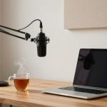 A desk setup with a laptop, a microphone on an adjustable arm, and a steaming cup of tea. Acoustic panels and plants are in the background.
