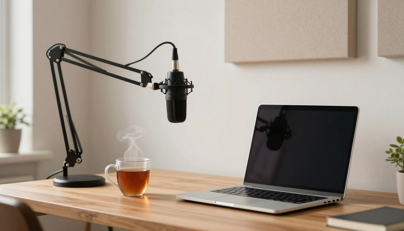A desk setup with a laptop, a microphone on an adjustable arm, and a steaming cup of tea. Acoustic panels and plants are in the background.