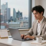 A man in a beige suit works on a laptop at a desk with a calendar and coffee cup. A cityscape view and a UK flag are in the background.