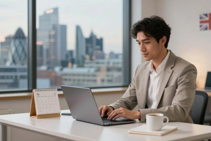 A man in a beige suit works on a laptop at a desk with a calendar and coffee cup. A cityscape view and a UK flag are in the background.