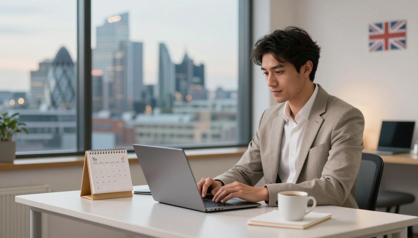 A man in a beige suit works on a laptop at a desk with a calendar and coffee cup. A cityscape view and a UK flag are in the background.